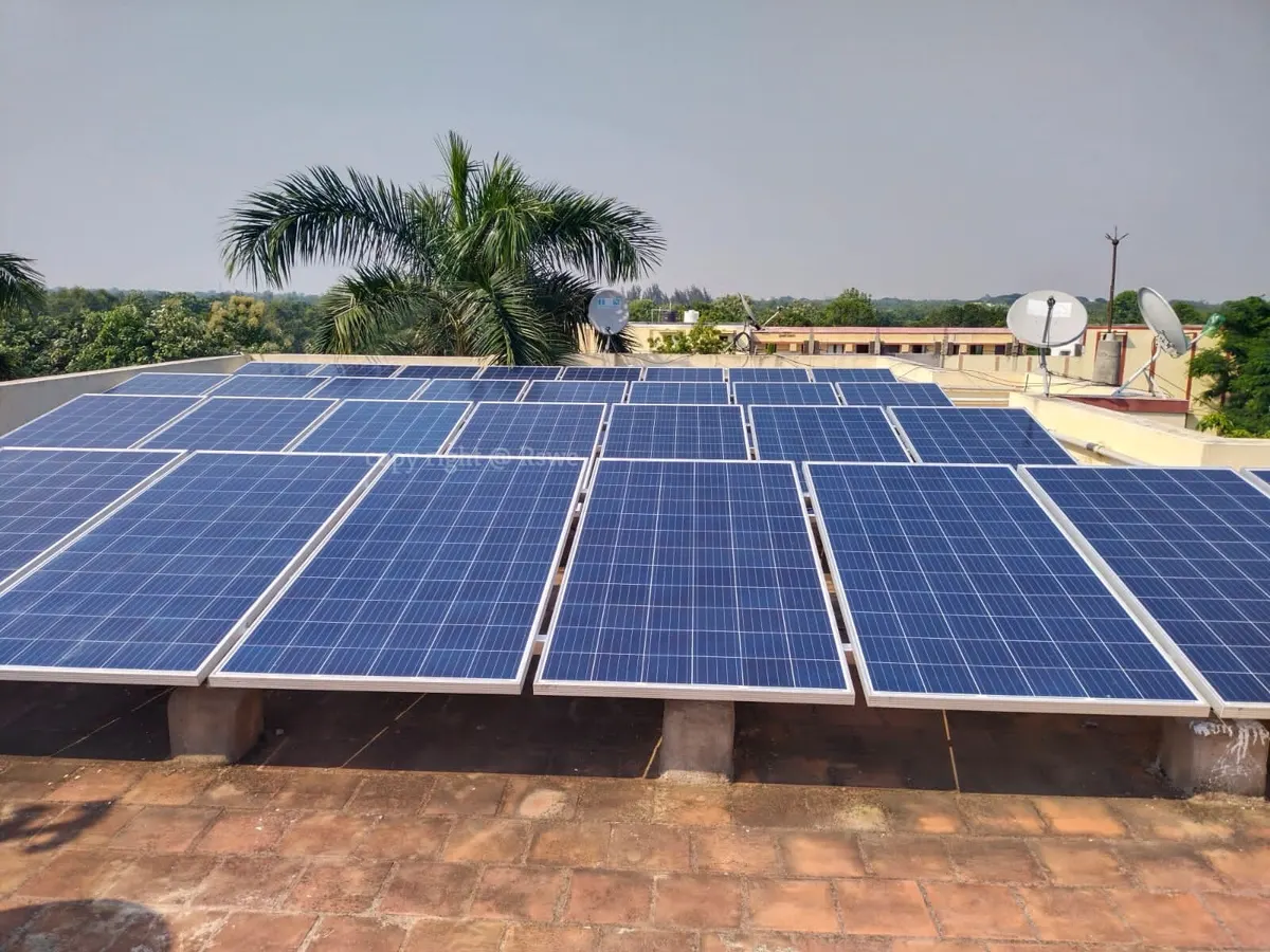 Rooftop solar panel installation with palm tree in view